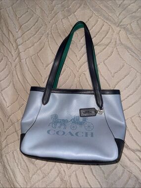 COACH Light Blue Tote with Black Trim and Green Lining